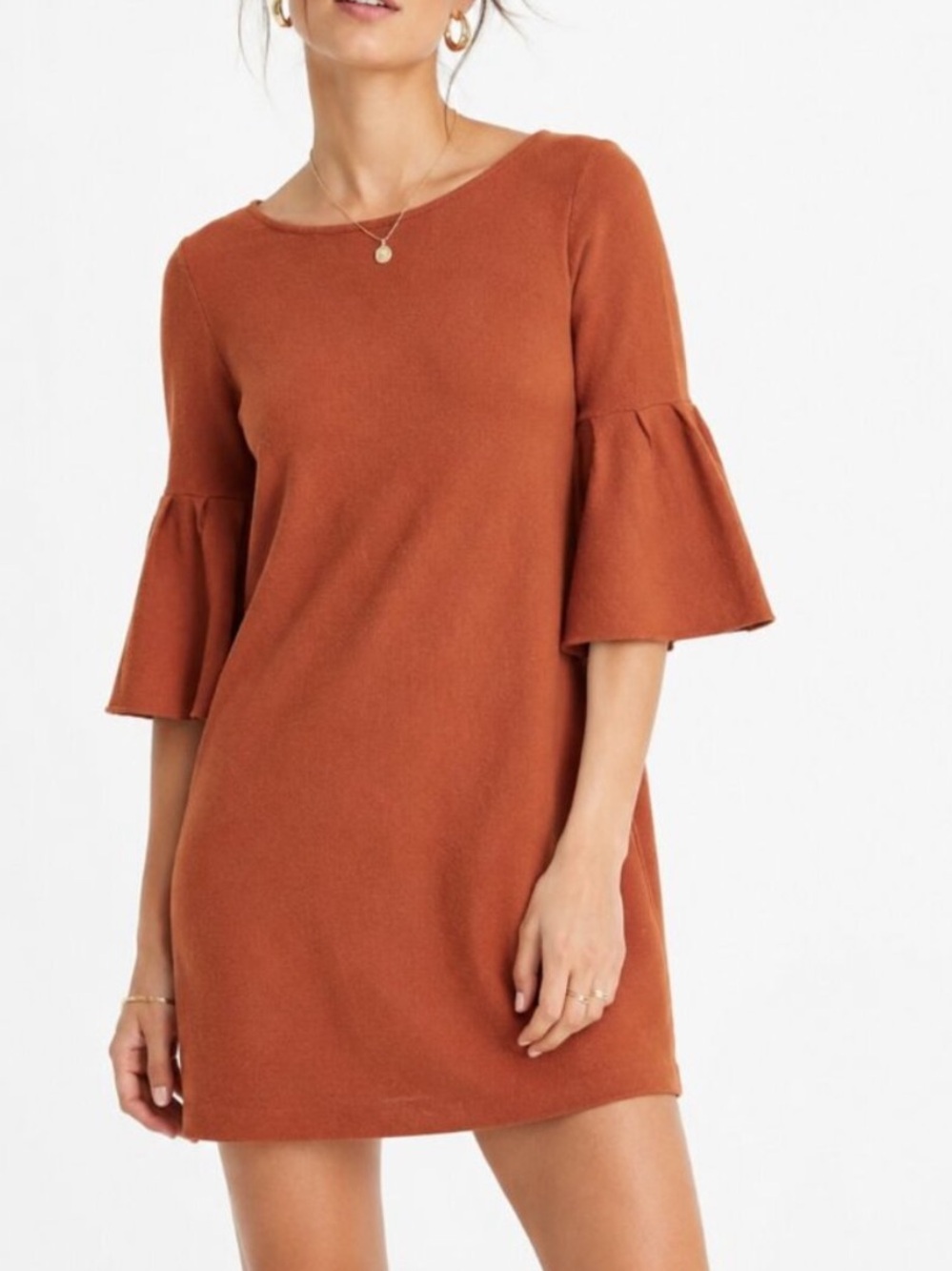 Anthropologie Moth Fall Chester Bell Sleeve Tunic Sweater Dress Rust Brown Small